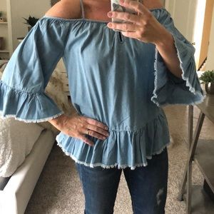 Off shoulder denim ruffle blouse